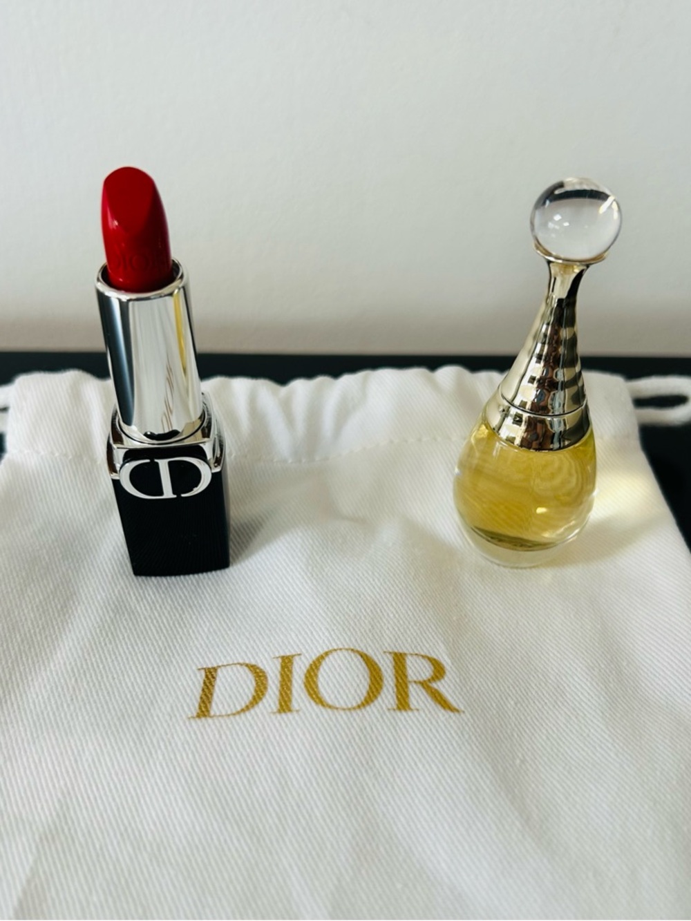 Dior Sample Rouge Dior Lipstick and J’Adore perfume in classic pouch